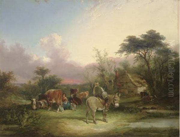 Milking The Cows Before A Cottage At Sunset (collab. W/charles Shayer) Oil Painting by Charles Shayer