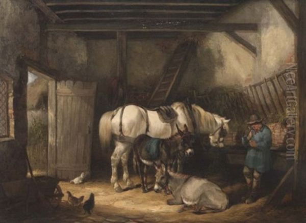 Interior Of A Stable With Farm Animals Oil Painting by Charles Shayer