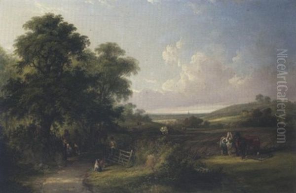 A Wooded Landscape With Horses And Figures Oil Painting by Charles Shayer