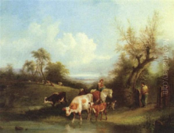 Peasants And Cattle By A Woodland Pool Oil Painting by Charles Shayer