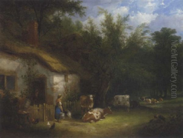 A Milkmaid And Cattle By A Cottage Gate Oil Painting by Charles Shayer