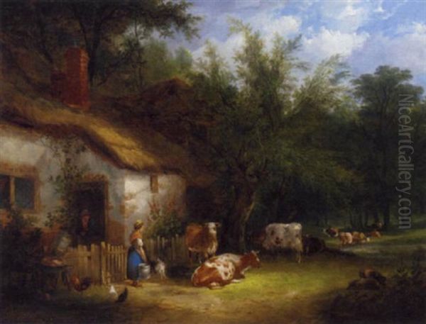 A Milkmaid And Cattle By A Cottage Gate Oil Painting by Charles Shayer