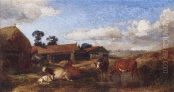 Cattle Watering By A Farm Oil Painting by Charles Shayer