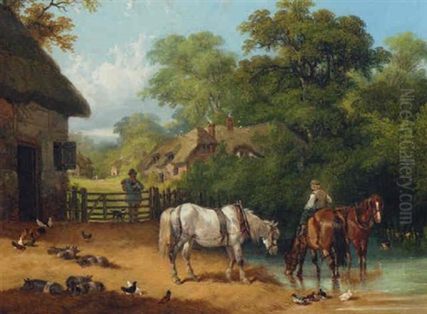 A Boy Watering Horses In A Farmyard Oil Painting by Charles Shayer