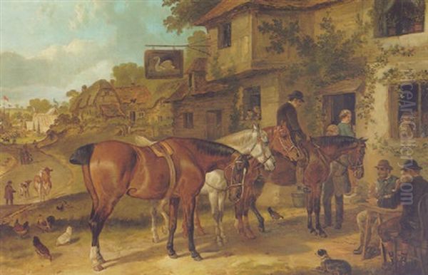 Horseman Resting By An Inn In A Landscape Oil Painting by Charles Shayer