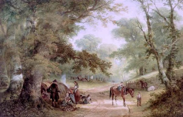 A Gypsy Encampment, Figures Camped Beneath A Tree And Figures Beyond In A Wooded Landscape Oil Painting by Charles Shayer