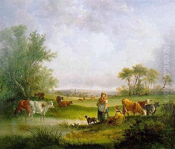 A Cow Herd And A Milk Maid Resting By A River With Cattle Grazing In A Woodland Landscape Oil Painting by Charles Shayer