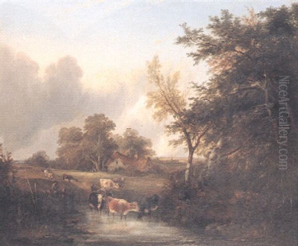 Cattle Watering Oil Painting by Charles Shayer