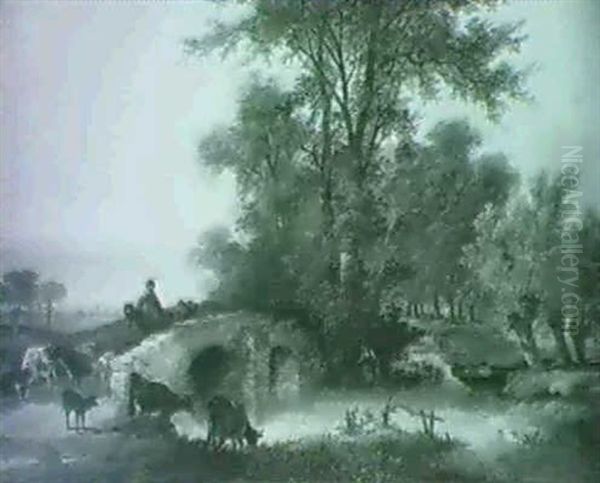 A Figure Crossing A Bridge On Horseback With Cattle In A Wooded River Landscape Oil Painting by Charles Shayer