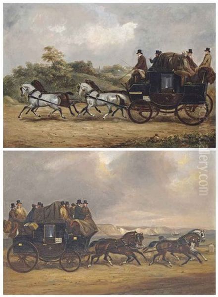 The Southampton To Weymouth Coach On A Country Lane; The Southampton To Weymouth Coach On The Coast Road (pair) Oil Painting by Henry Shayer