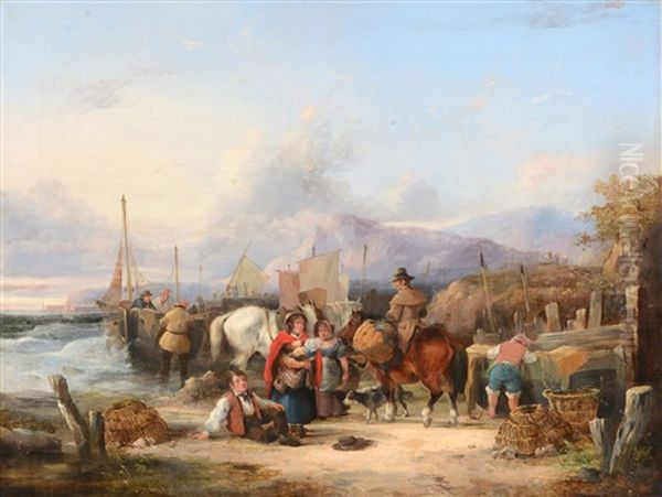 Bringing In The Day's Catch; Fisher-folk On The Coast (pair) Oil Painting by William Joseph Shayer