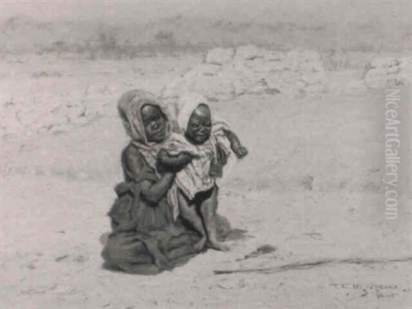 North African Girl And Child In A Desert Oil Painting by Thomas Frederick Mason Sheard