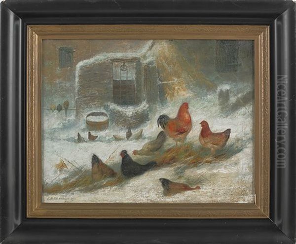 Winter Barn Scene With Rooster Oil Painting by Christopher H. Shearer