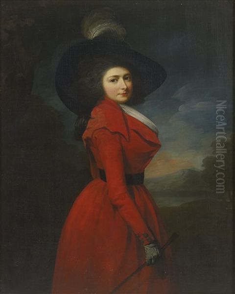 Portrait Of Miss Elizabeth Jemima Blake, Three-quarter Length, Wearing A Red Hunting-habit And Feathered Hat Oil Painting by Sir Martin Archer Shee