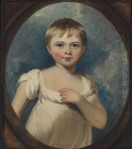 Portrait Of A Young Child, Half-length, In A White Dress, In A Sculpted Oval Oil Painting by Sir Martin Archer Shee