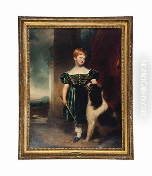 Portrait Of A Boy, Full-length, With A Spaniel On A Terrace With A Landscape In The Distance Oil Painting by Sir Martin Archer Shee