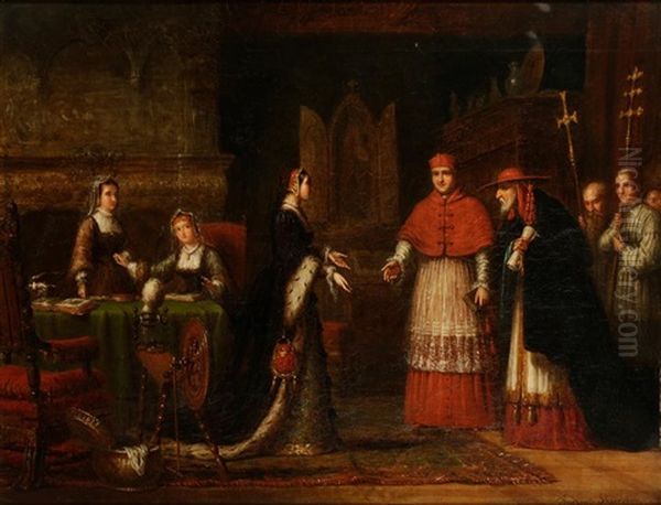 A Cardinal Adressing Figures In An Interior Oil Painting by Andrew Sheerboom