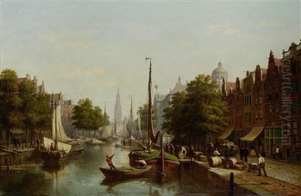 View Of A Canal In Amsterdam Oil Painting by Andrew Sheerboom