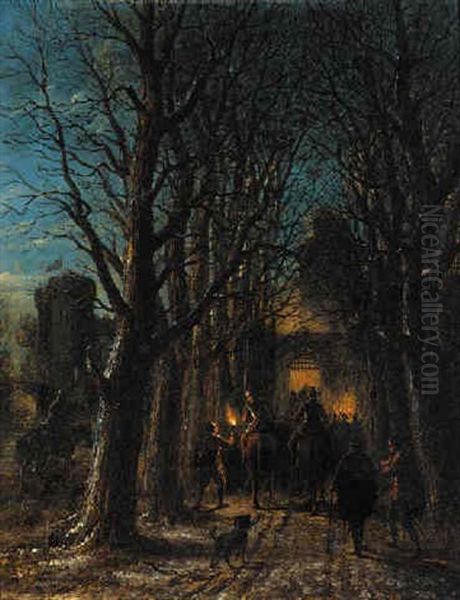 Troops Returning To The Castle At Night Oil Painting by Andrew Sheerboom