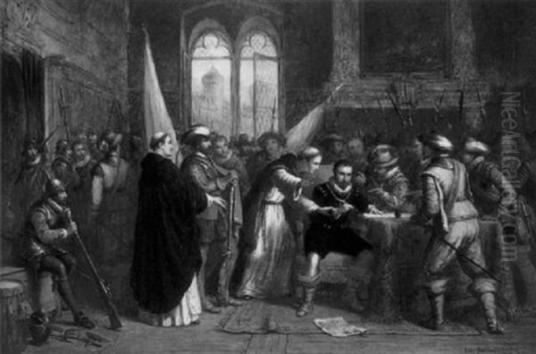 John Of Austria Signing His Abdication At Utracht, Holland 1523 Oil Painting by Andrew Sheerboom