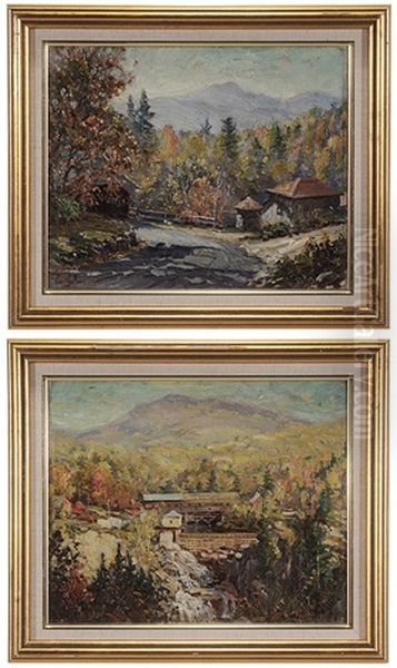 A Pair Of Autumn Landscapes With Covered Bridges Oil Painting by Glenn C. Sheffer