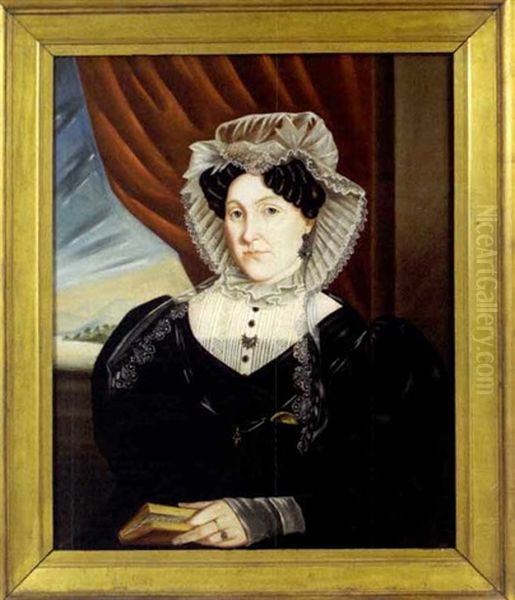 Half-length Portrait Of Mrs. Rice Of New London, Connecticut, Beside Window With Red Drapery And Book Oil Painting by Isaac Sheffield