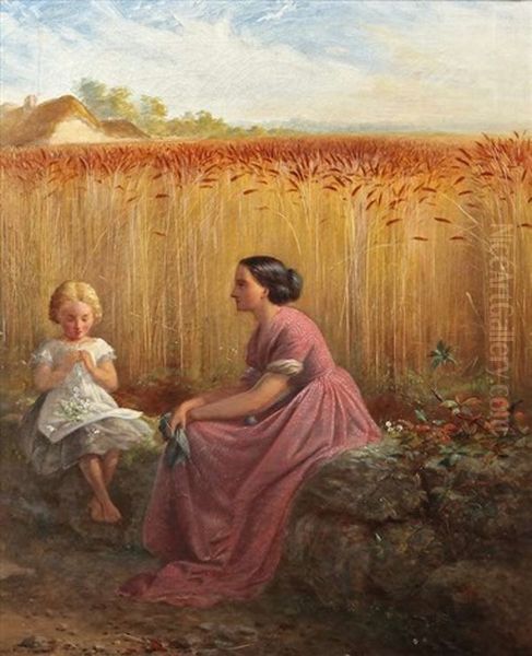 Making Daisy Chains At The Corner Of A Cornfield Oil Painting by Edward Sheil