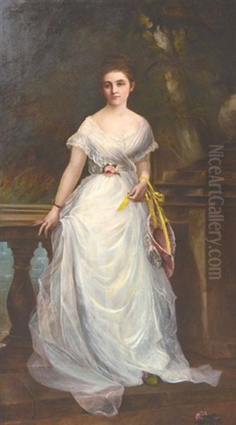 Portrait Of Mary J.j. Shelley (1851-1937) - Full Length In White Silk Dress Standing On A Garden Terrace Oil Painting by Jane Lady Shelley