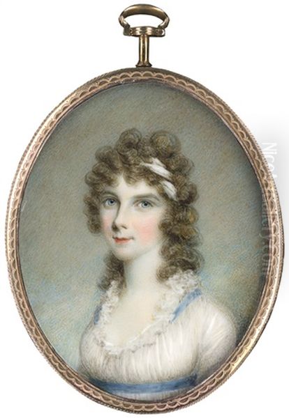 Portrait Einer Dame Mit Gelocktem Langen Haar Mit Weisem Haarband Im Weisen Kleid Mit Blauem Gurtel Oil Painting by Samuel Shelley