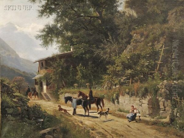 Genre Scene Along An Alpine Road Oil Painting by Eugen Felix Prosper Bracht