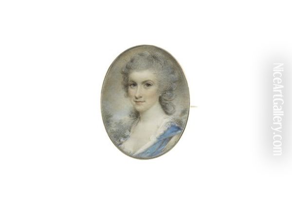 A Lady, Wearing Blue Dress Over White Chemise, Her Powdered Wig Curled And Upswept Oil Painting by Samuel Shelley