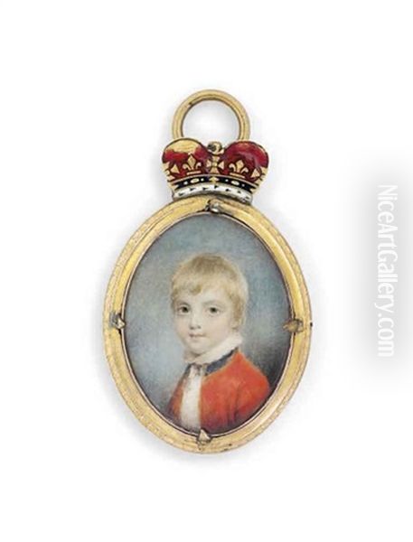 Prince William Frederick, Duke Of Gloucester And Edinburgh (1776-1834), As A Young Boy, In Red Coat, White Shirt With Upstand Collar, Fair Hair On Ivory Oil Painting by Samuel Shelley