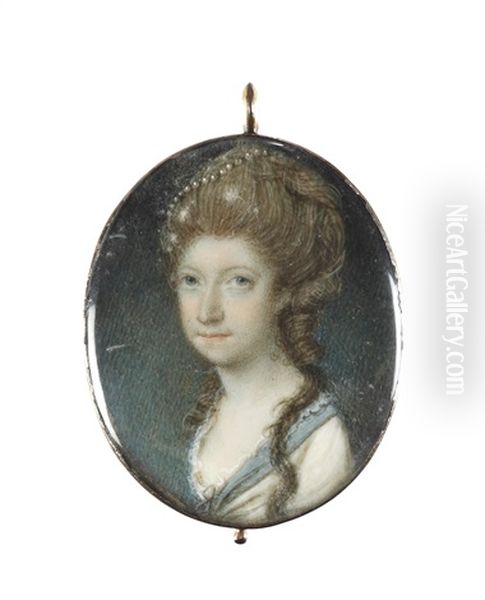 A Lady, Wearing White Dress Edged With Blue Border And White Lace Trim, Her Brown Wig Upswept And Dressed With A Strand Of Pearls Oil Painting by Samuel Shelley