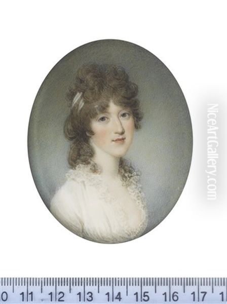 A Lady, Wearing White Dress Finished With Frilled Lace, Her Brown Hair Partially Upswept And Secured With A White Bandeau Oil Painting by Samuel Shelley