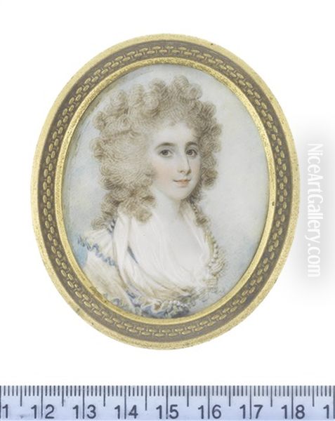 A Lady, Wearing White Fichu And Dress With Frilled Collar Edged With Blue Trim And Strands Of Pearls, Her Powdered Wig Worn A La Conseilleur Oil Painting by Samuel Shelley