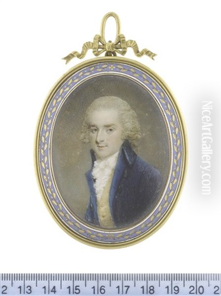 A Gentleman, Wearing Blue Coat, Yellow Waistcoat, White Frilled Chemise, Stock And Cravat, His Powdered Hair Worn En Queue Oil Painting by Samuel Shelley