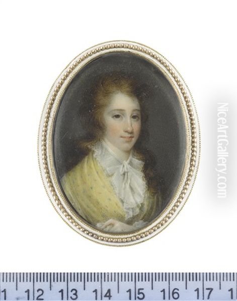 A Young Lady, Wearing White Chemise With Drawstring Frilled Collar, Pale Yellow Figured Shawl Draped Around Her Shoulders... Oil Painting by Samuel Shelley