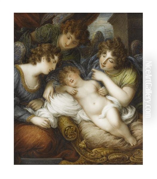 A Portrait Miniature Of A Sleeping Child, Outstretched On A Carved And Gilded X-frame Chair, Surrounded By Unravelled White Shroud And Three Angels Oil Painting by Samuel Shelley