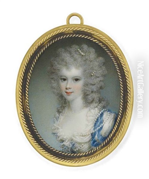 A Young Lady, In Decollete White Dress With Blue Slashed Sleeves, Pearls Worn Across Her Left Shoulder, Bodice, Around Her Neck And In Her Powdered Curling Hair Oil Painting by Samuel Shelley