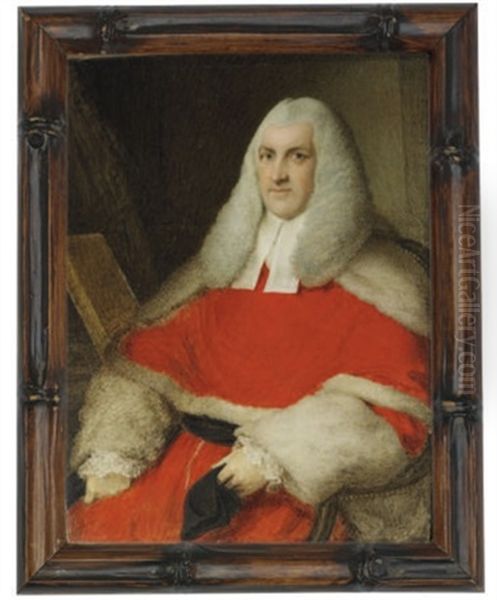 Sir Richard Perryn Seated In Red Robes And White Bands, Long Powdered Wig; Interior Background Oil Painting by Samuel Shelley