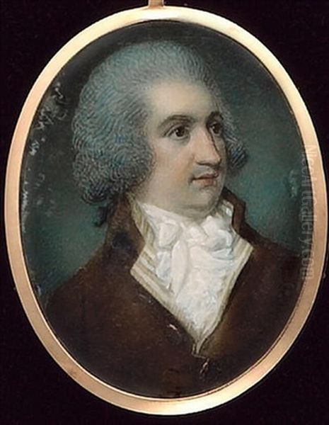 A Gentleman, Wearing Brown Jacket, Yellow Striped Waistcoat, White Stock And Powdered Wig Oil Painting by Samuel Shelley