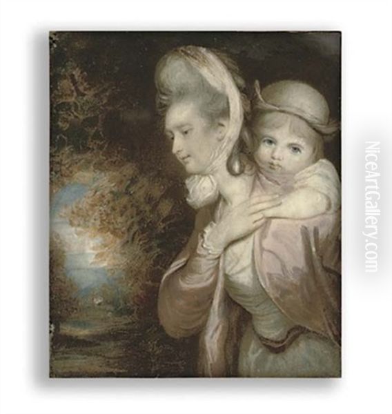 A Young Lady Carrying Her Child, She In White Dress With Pink Sash Around Her Waist, Pink Silk Coat, White Gauze Cap Tied With A Bow Under Her Chin, The Child In White, Wearing A Brown Hat Oil Painting by Samuel Shelley