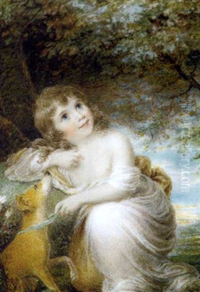 A Child Holding Her Seated Dog By A Blue Ribbon, In Loose White Shift, Yellow Cloak Draped Around Her, Tree And Landscape Background Oil Painting by Samuel Shelley