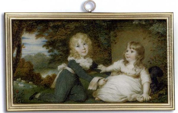 George And Charlotte Loftus As Children Seated On A Grass Bank; He, In Blue Trouser Suit, White Shirt With Large Ruffled Collar And White Sash, Long Curling Fair Hair, Holding His Sister's Pink Sash by Samuel Shelley