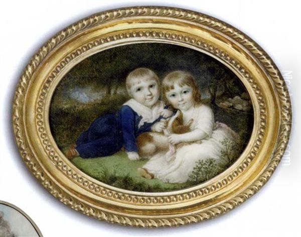 Sir Francis Ford And His Sister, Mary, As Children Lying With Their Brown And White Dog On A Grassy Bank, He, In Blue Suit With Gold Buttons And Tied White Scarf And She, In White Dress With Pink Sash Oil Painting by Samuel Shelley