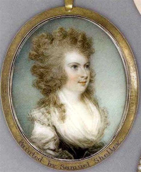 A Young Lady Almost Profile To The Right, In Dark Moss-green Dress With White Sleeves And Fichu, Long Curling Hair Oil Painting by Samuel Shelley