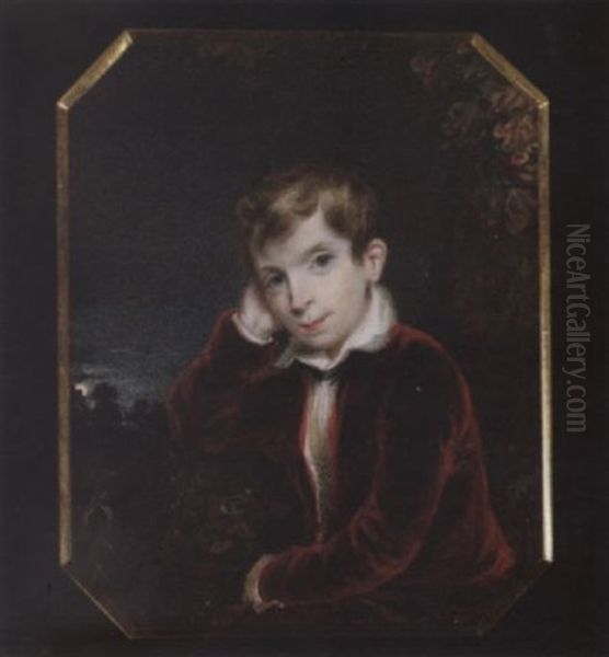 A Young Boy Seated In A Moonlit Landscape, Wearing Burgundy Velvet Suit And White Shirt Oil Painting by Samuel Shelley