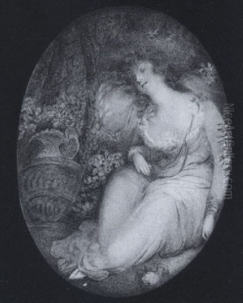 A Lady (georgiana, Duchess Of Devonshire?) Sleeping Beneath A Tree, Wearing White Dress Trimmed With Lace, Blue Cuffs And Bows Oil Painting by Samuel Shelley