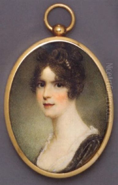 A Young Lady In White Dress, Black Stole, Pearls In Her Upswept Dark Hair Oil Painting by Samuel Shelley