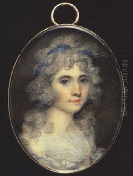 A Lady With Large Hazel Eyes, Wearing Dark Blue Ribbon In Her Powdered Hair And Tied White Fichu Oil Painting by Samuel Shelley